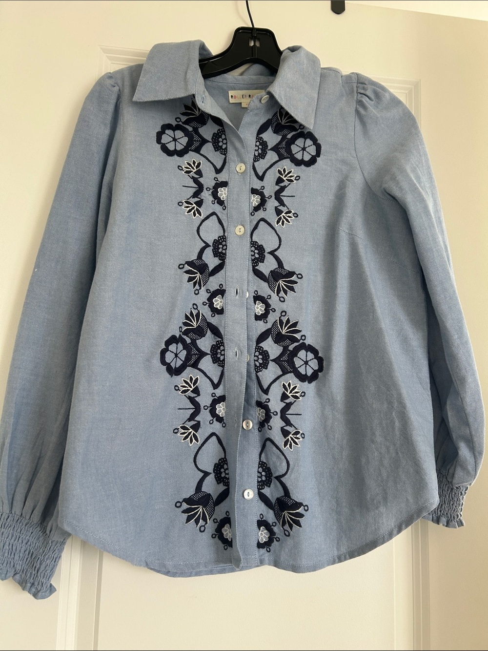 Roller Rabbit Light Blue Button-Up Top with Navy Floral Embroidery